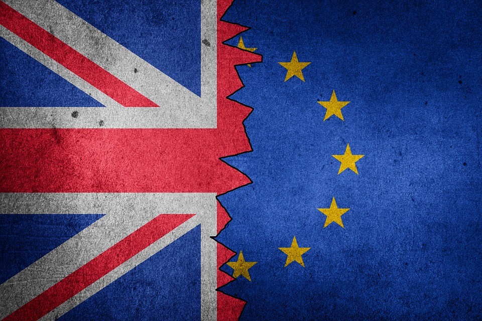 a picture of the British and EU flag meshed together in the middle