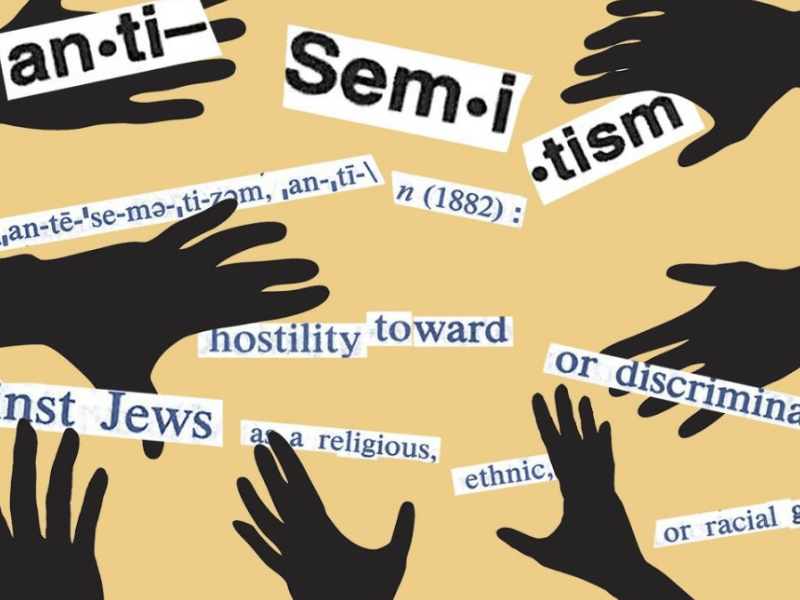 a picture with many strips of paper explaining what antisemitism is