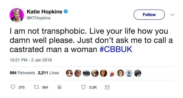 Katie Hopins tweets which reads: "I am not transphobic. Live your life how you damn well please. Just don't ask me to call a castrated man a woman."