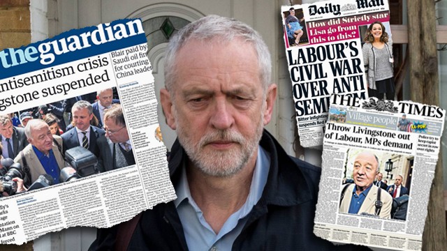a picture of Labour Party leader Jeremy Corbyn with newspaper front pages superimposed in the background, talking about antisemitism in the Labour Party