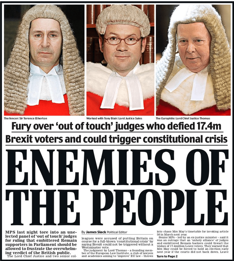 A Daily Mail front cover with picture of 3 Supreme Court judges with the headline: "Enemies of the People"