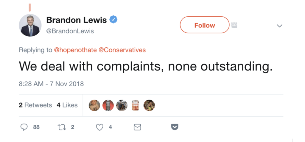 a tweet response from Conservative MP Brandon Lewis that says "We deal with complaints, none outstanding."