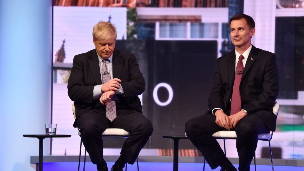 Conservative leadership candidates Boris Johnson and Jeremy Hunt looking nonchalant during the leadership TV debate