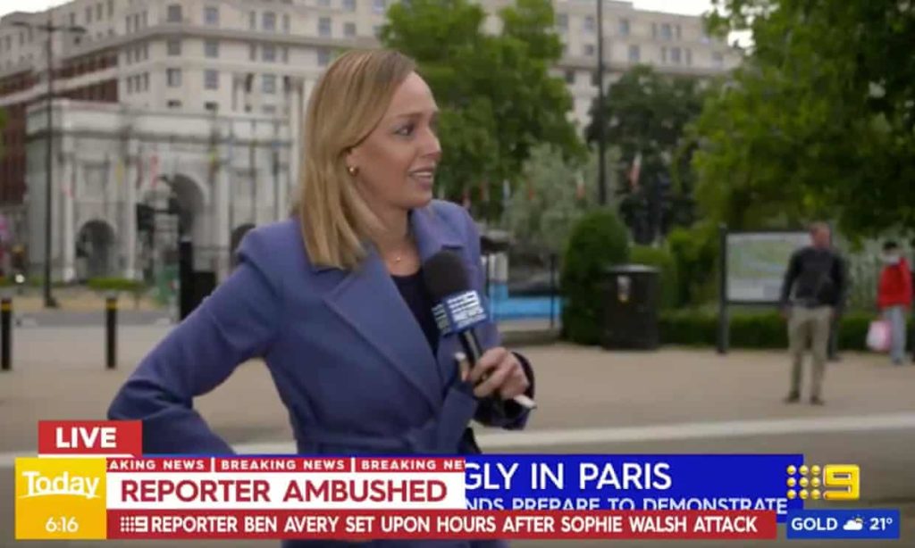 Nine News Europe correspondent Sophie Walsh immediately after she was attacked live on air while covering a Black Lives Matter protest in Hyde Park, London. Photograph: Channel Nine