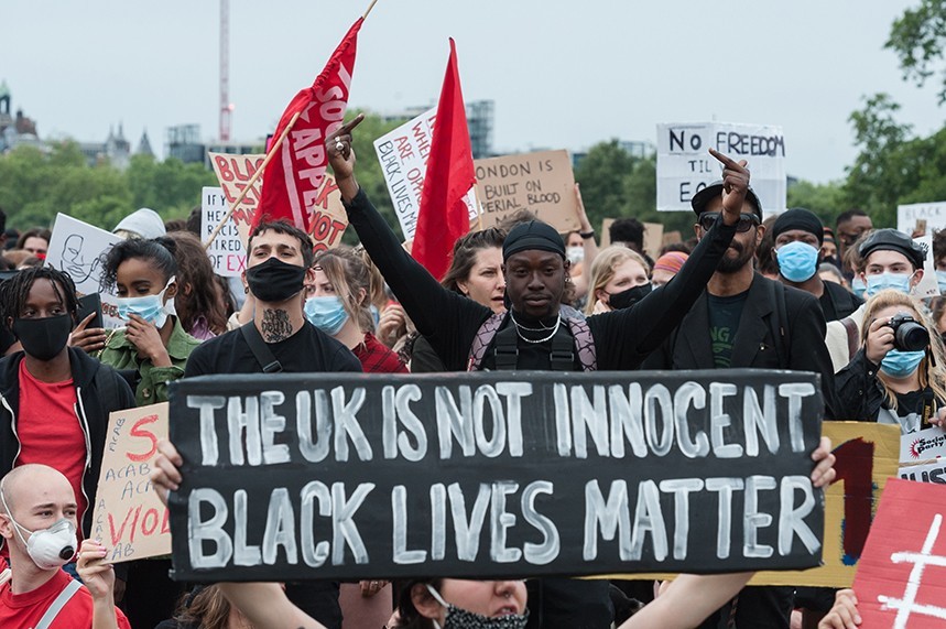 Thousands of people gather in Hyde Park to protest against the abuse of the rights of Black people across the world and to call for an end to systemic racism and police brutality on 03 June, 2020 in London, England. The current wave of protests follows the murder of George Floyd by police officers in the US and a drop of police investigation in the case of British transport worker Belly Mujinga, who died from Covid-19 days after being spat at in her workplace by a person infected with the virus.