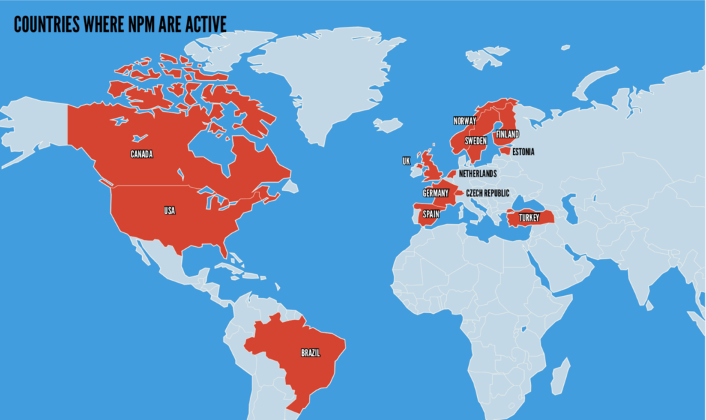 A world map which shows where NPM members are active. Countries include the UK, Germany, Spain, Norway, Sweden, Finland, Estonia, the Netherlands, Czechia, Turkey, the US, Canada and Brazil