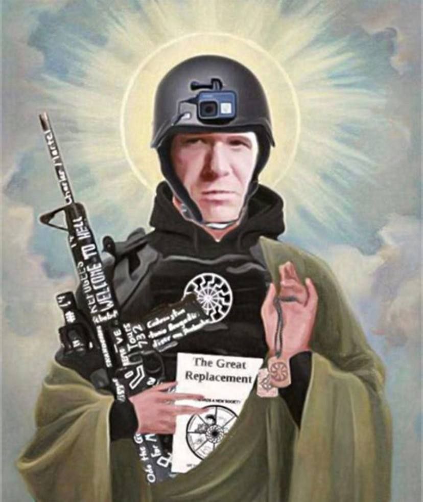 Gunman and white supremacist terrorist Brenton Tarrant, who was responsible for murdering 51 people at two mosques in New Zealand, 2019, reimagined as a Christ-like figure. He's pictured holding a gun, a surveillance camera on his head and  he's holding a book called "The Great Replacement"