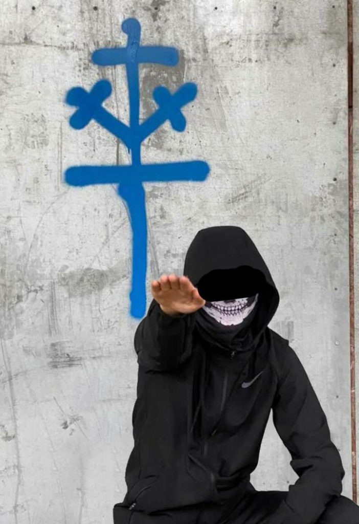 A teenager with his face covered with a balaclava is doing a Nazi solute