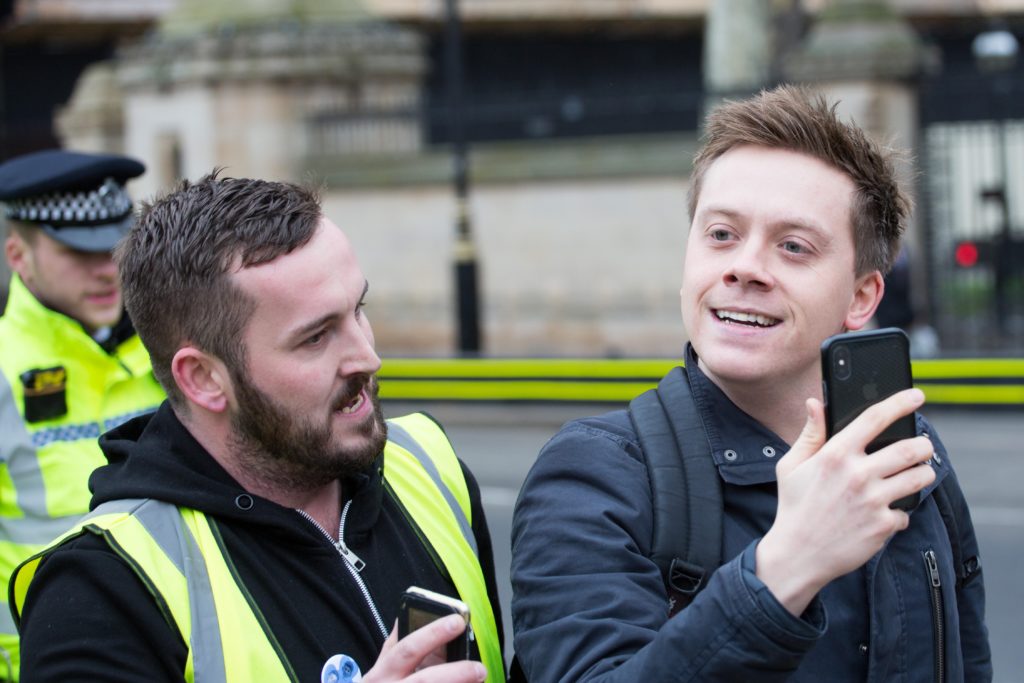Far-right agitator James Goddard, who ha
s convictions for threatening behaviour and assault against journalists, following Guardian commentator Owen Jones, who was brutally attacked by a far-right thug in 2019.